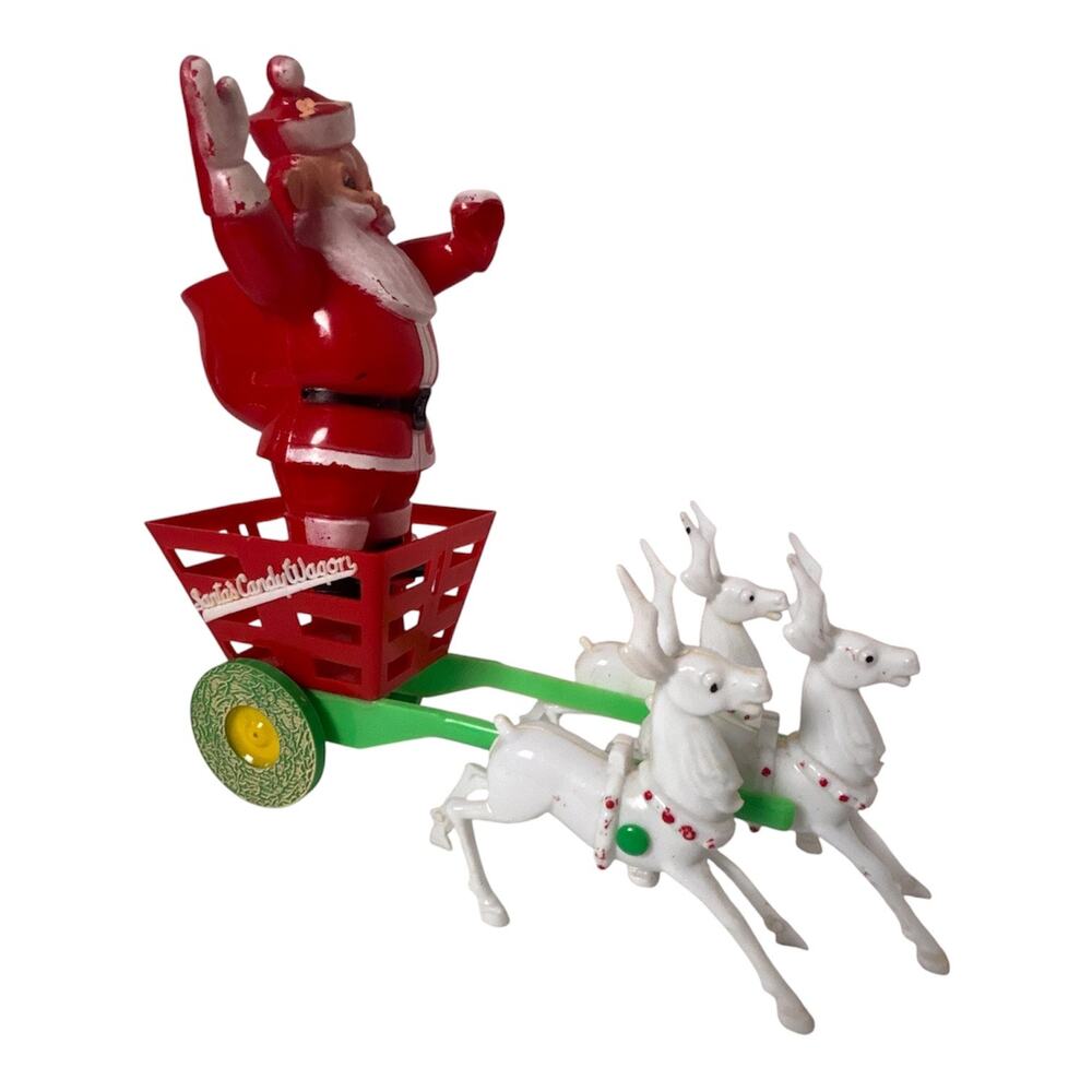 Rosbro Rosen 1950s Santa Christmas Wagon Candy Container w/3 Reindeer Kitsch